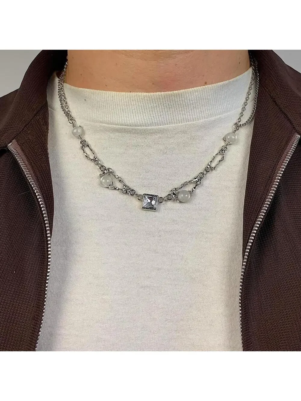 Cyber y2k 2000s style Glass style Opal futuristic necklace. 18.5-20.5 inches len